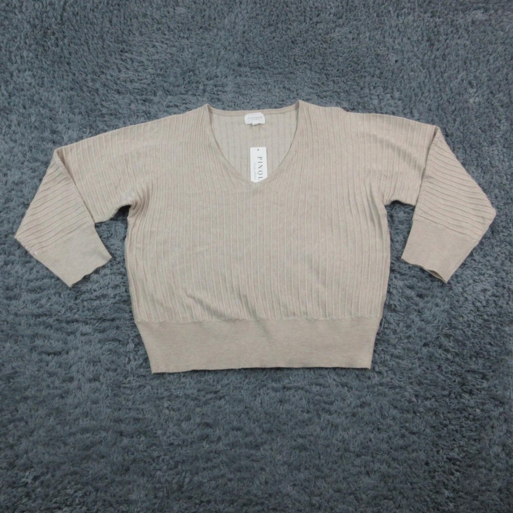 Pinque Sweater Womens 1X Beige Heather V Neck Ribbed Pullover Lightweight NWT